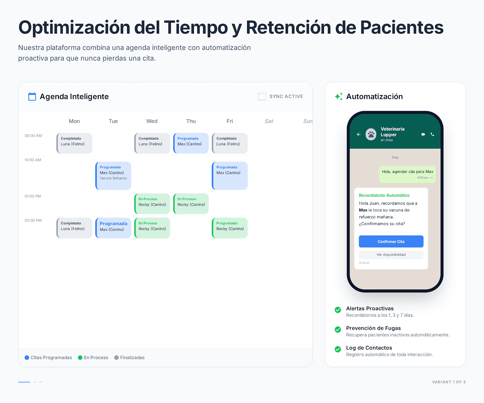 Vista de agenda con recordatorios de WhatsApp