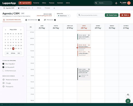 Agenda semanal de LupperApp con citas y filtros de personal veterinario